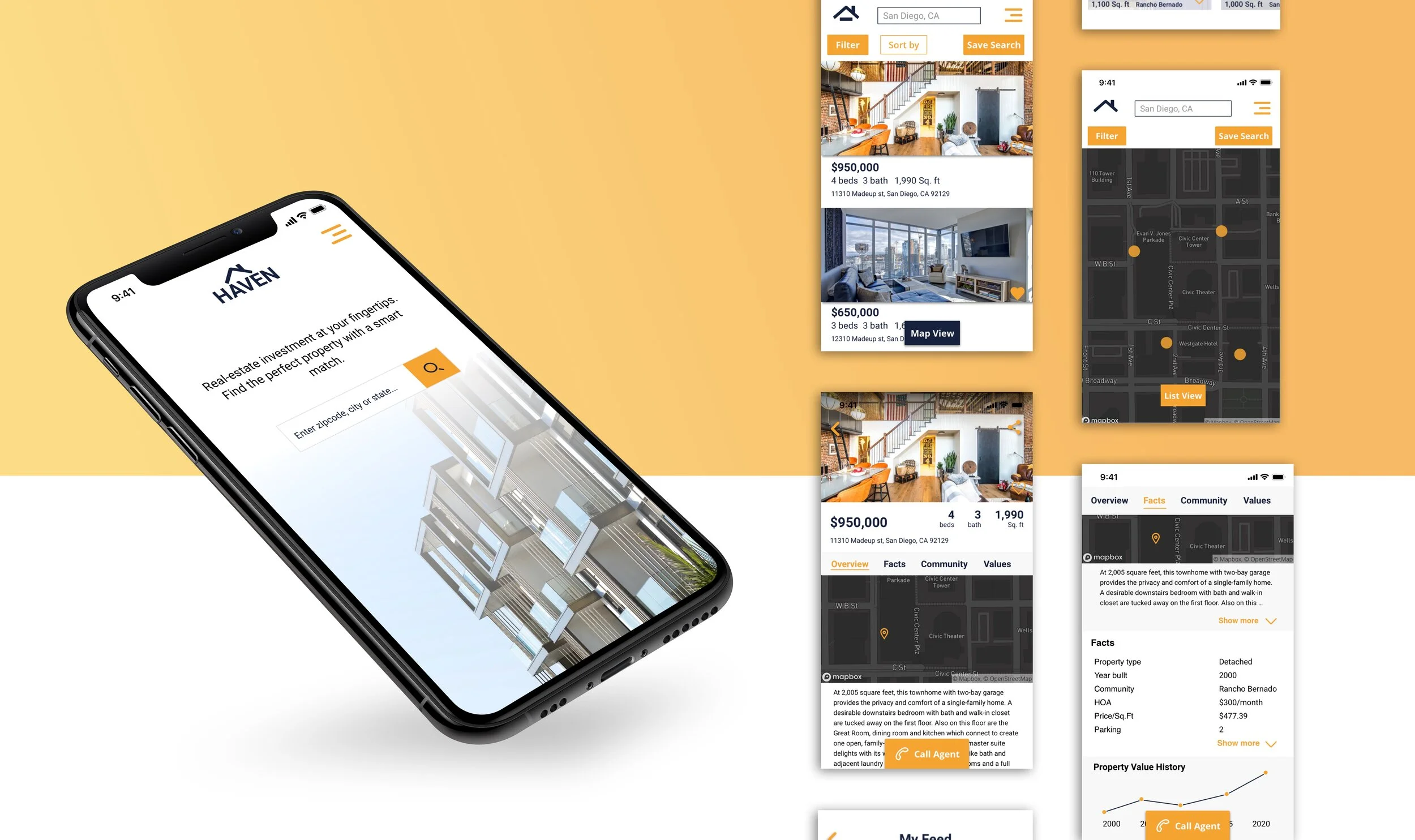 Phone mockup of the Haven app landing screen beside high fidelity screens for search results, map view, property detail, and property facts