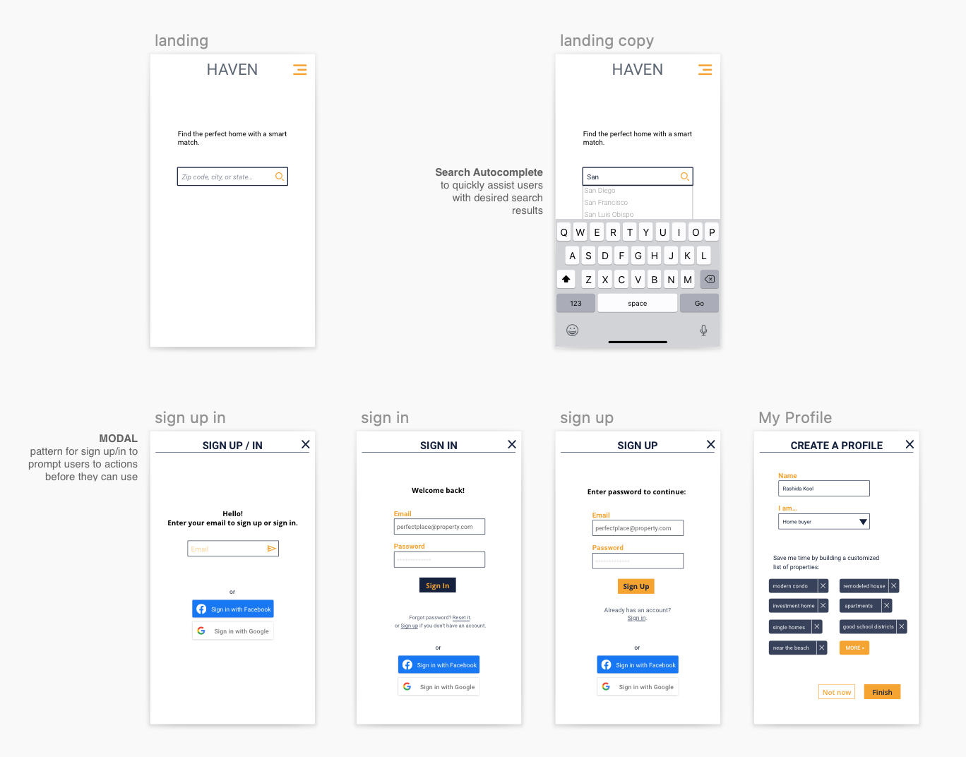 Mid fidelity wireframes of the landing page with search autocomplete and the modal sign up, sign in, and create profile flow
