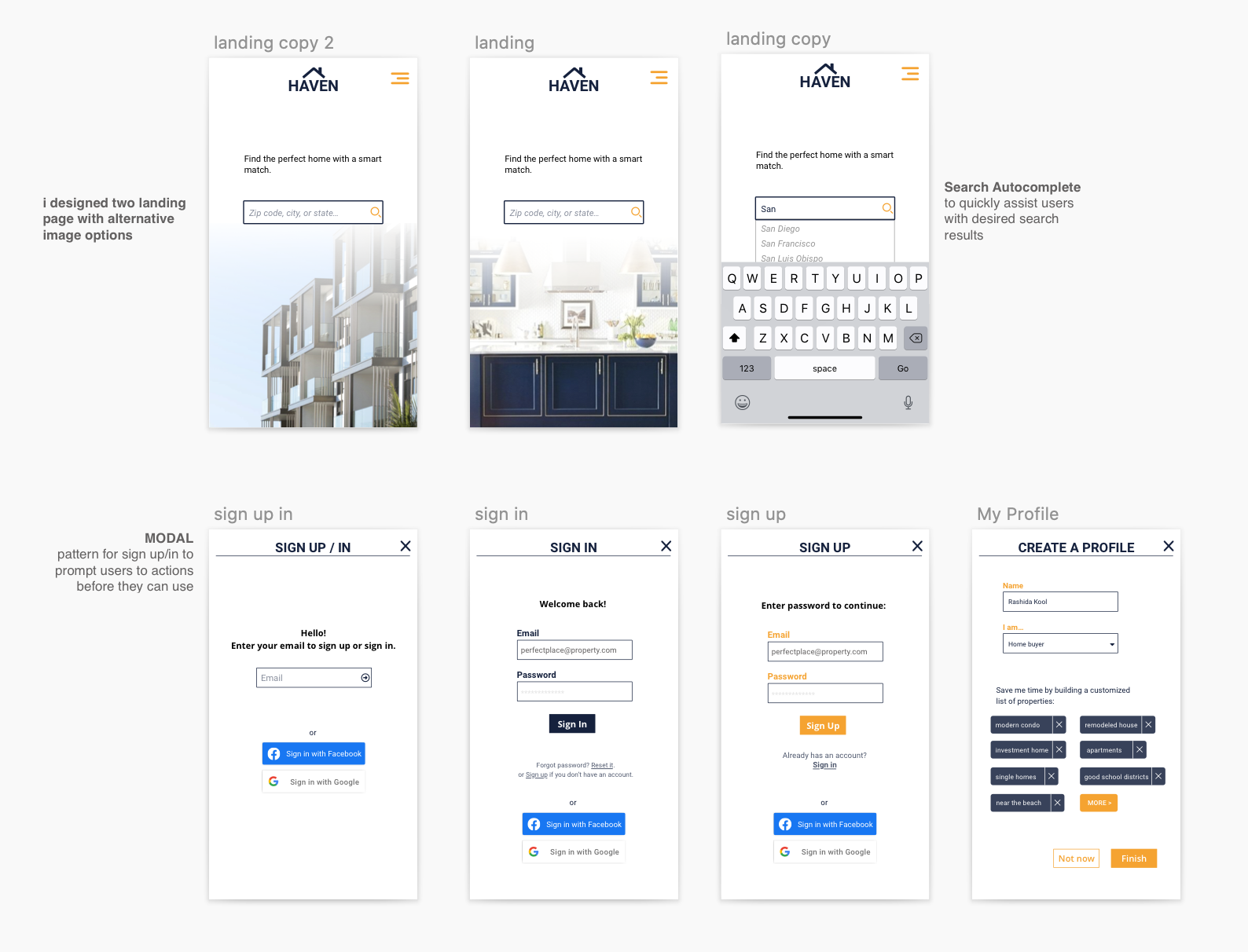 High fidelity landing page options with alternative imagery, search autocomplete, and the polished sign up, sign in, and create profile modals