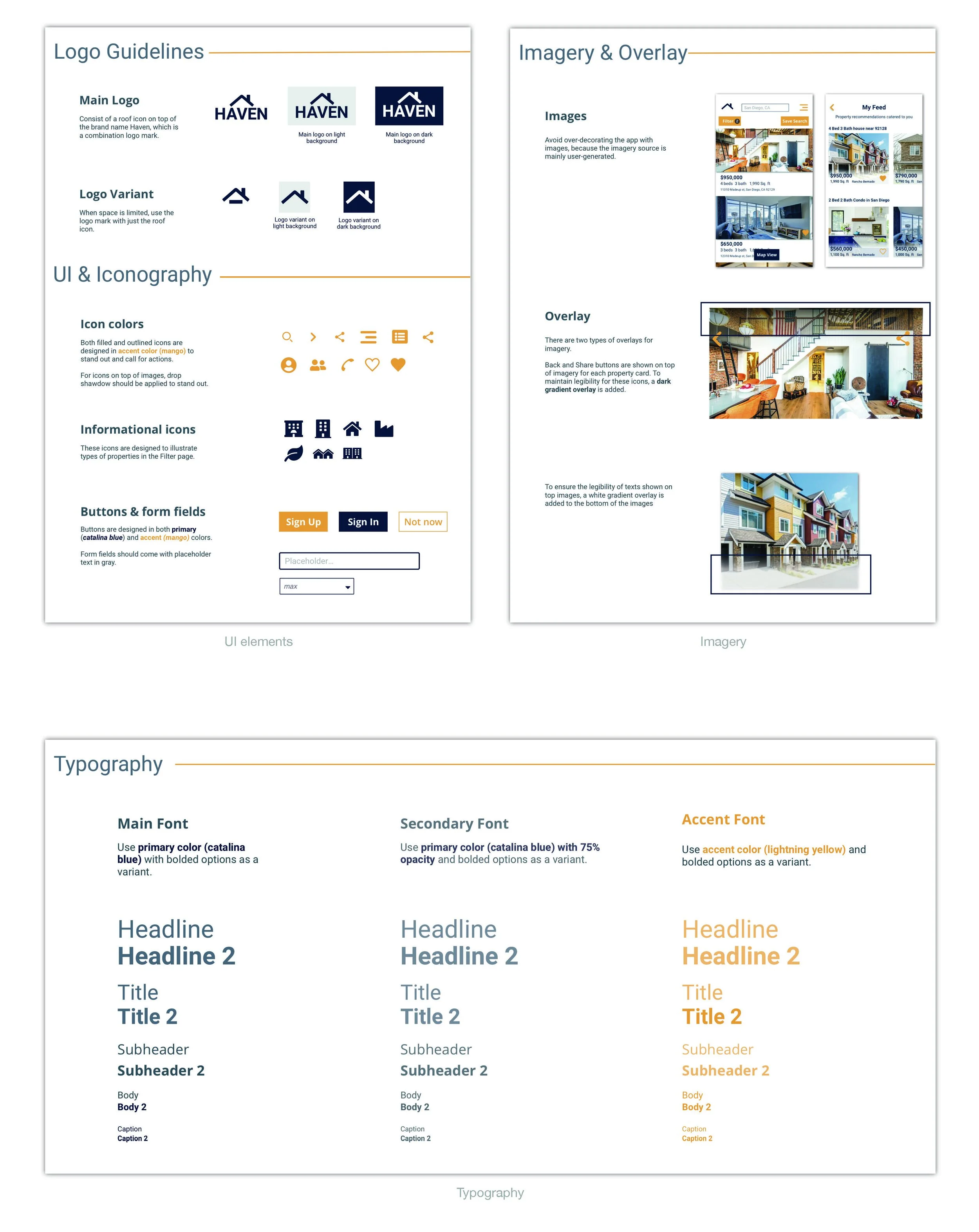 Haven style guide covering logo guidelines, icon and button colors, imagery overlay rules, and typography in midnight blue with a mango accent