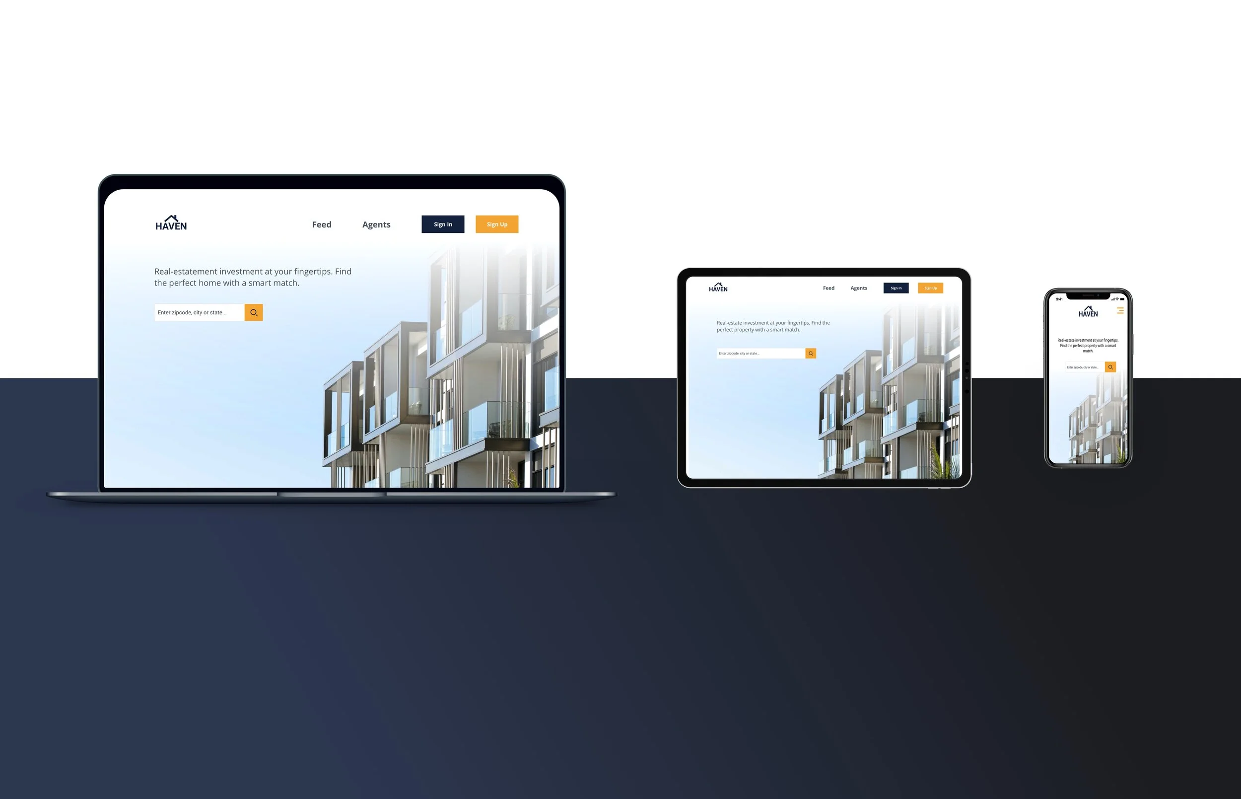 Haven landing page shown responsively on laptop, tablet, and phone against a midnight blue backdrop
